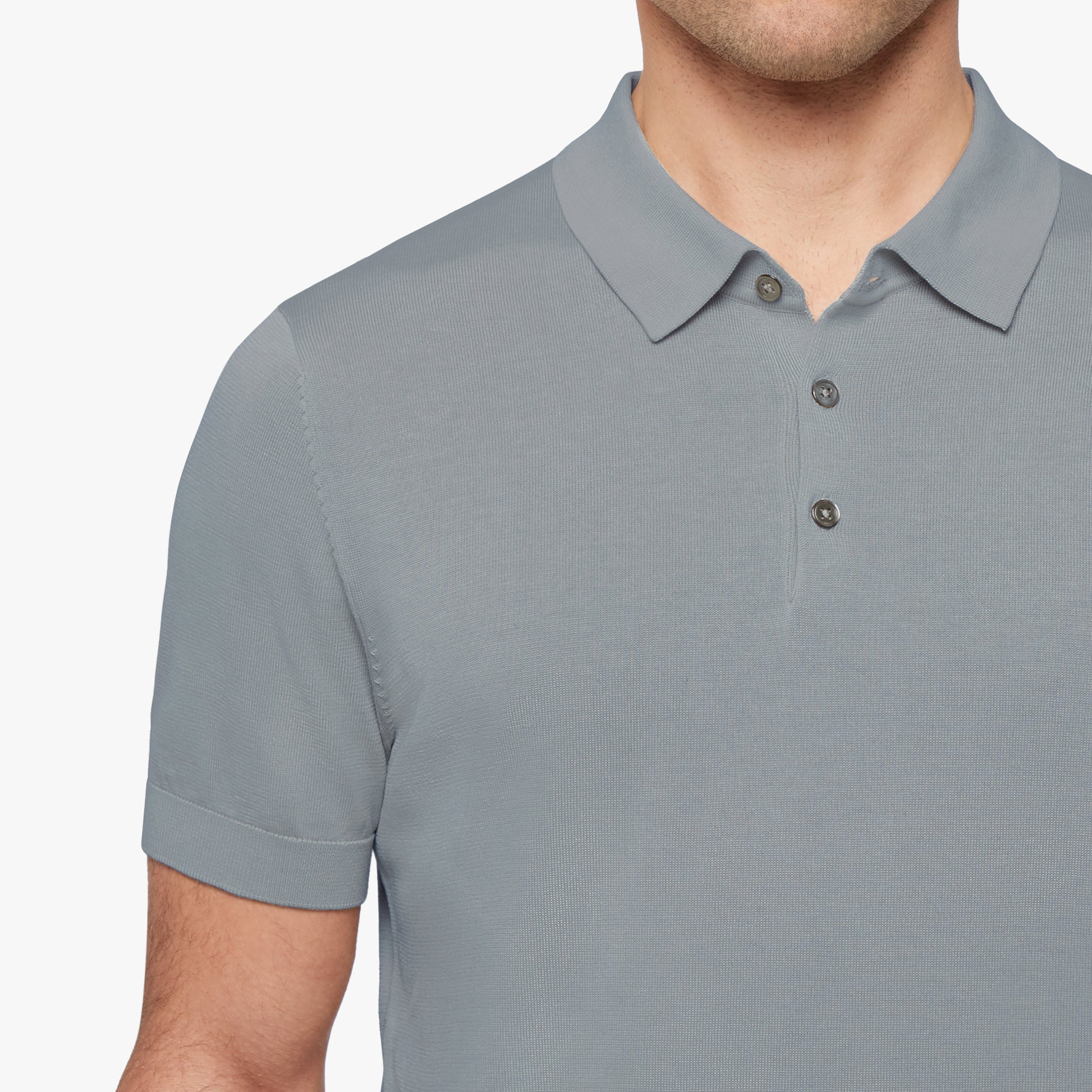 Cotton Silk Button Polo Mist Blue Mens