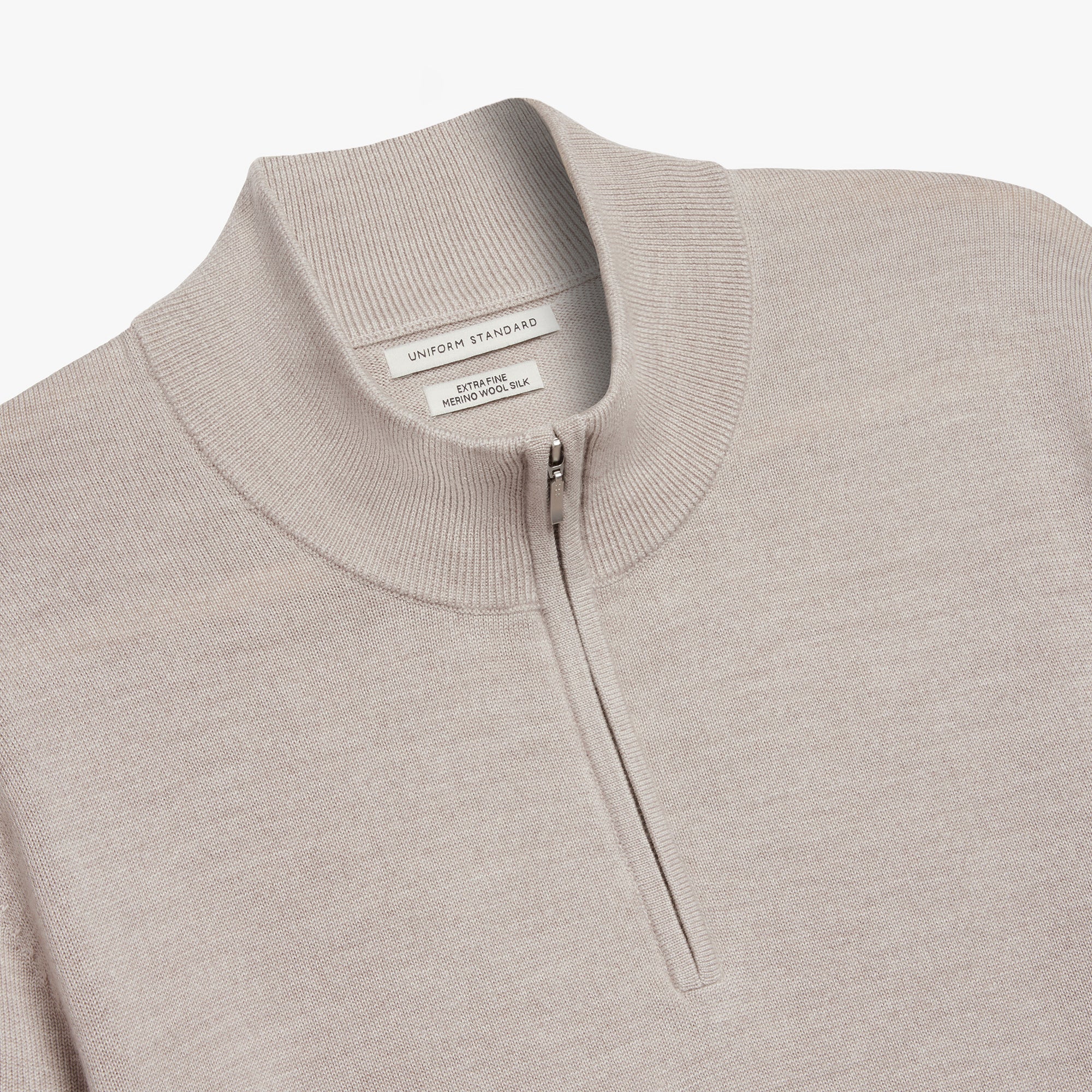 Merino Wool Silk Half Zip Oatmeal Melange Mens