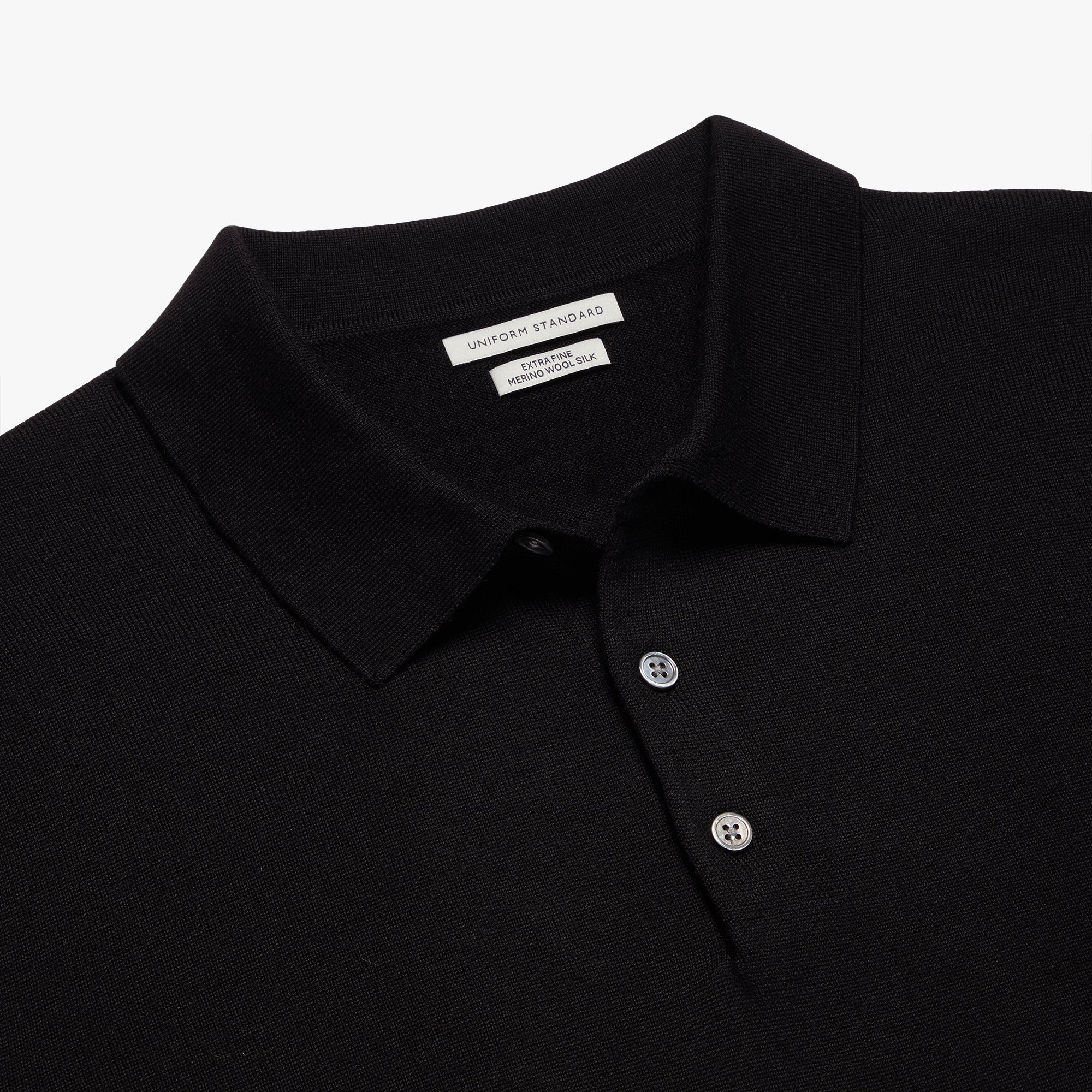 Merino Wool Silk Button Polo Black Mens
