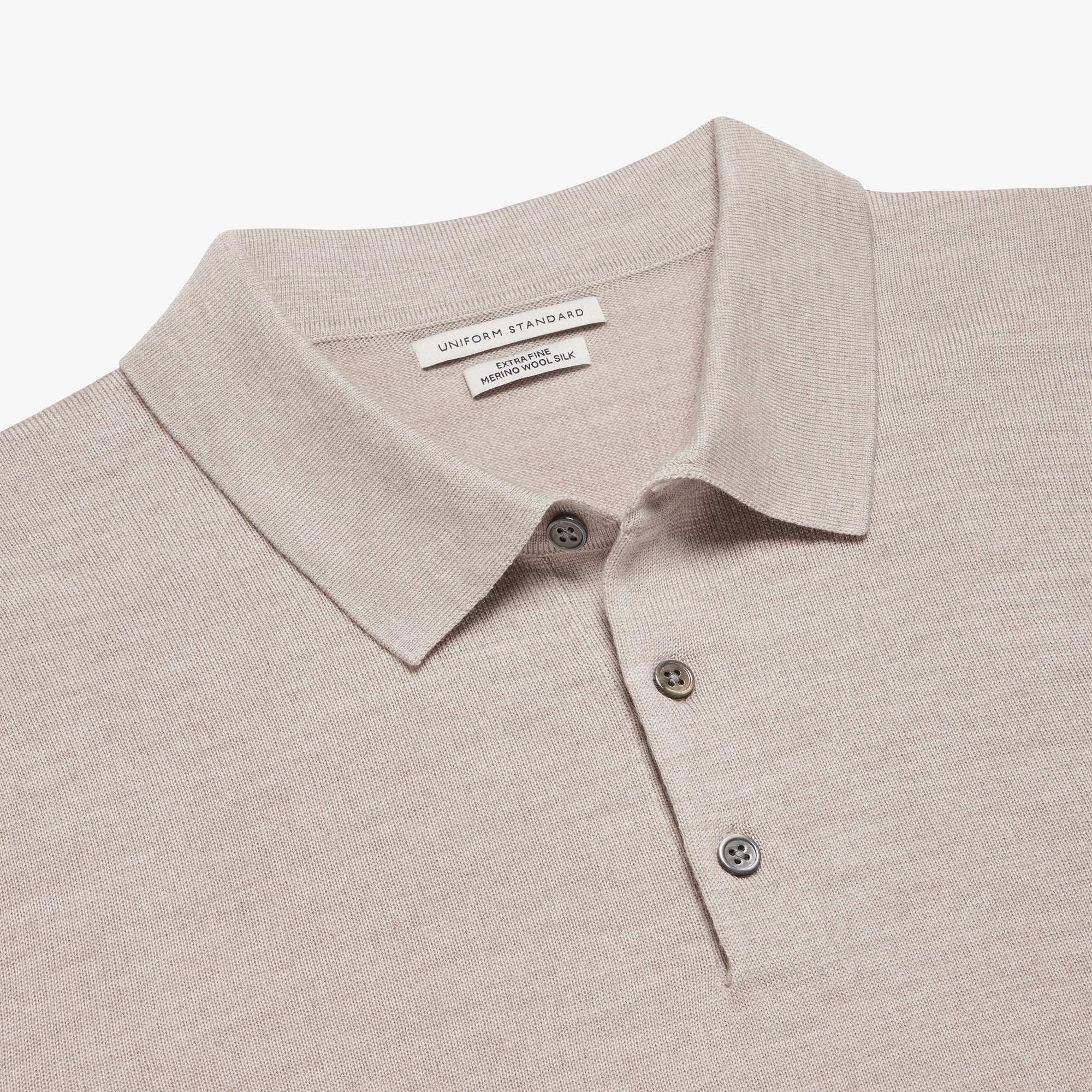 Merino Wool Silk Button Polo Oatmeal Melange Mens