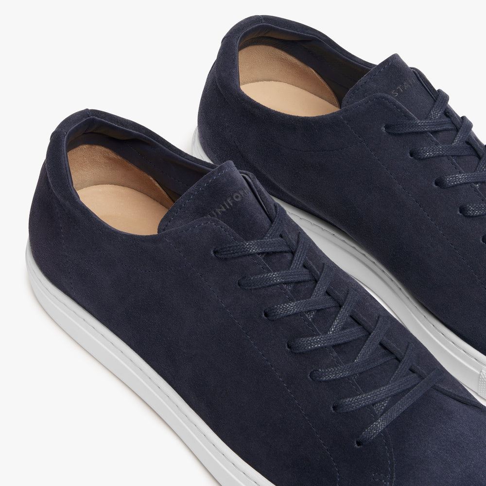 Uniform Standard Relaxed Sneaker Navy Suede close up