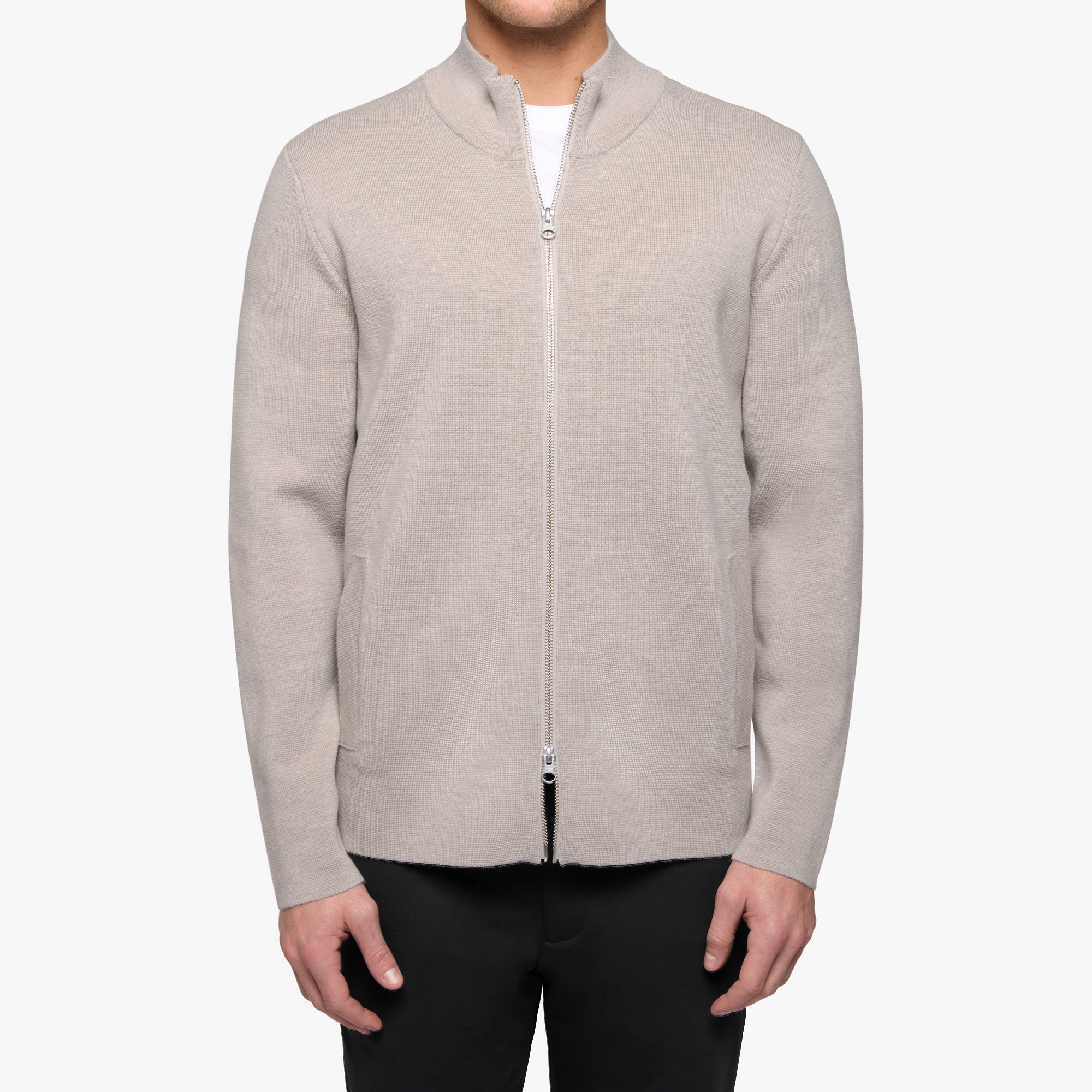 Merino Wool Full Zip Cardigan Ecru Mens