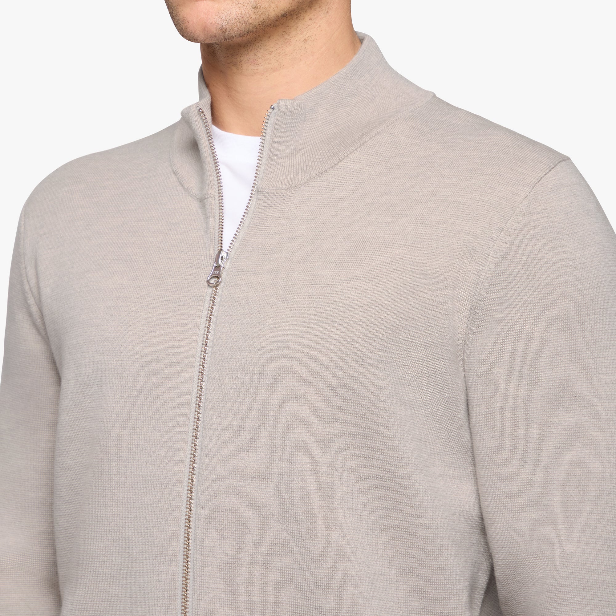 Merino Wool Full Zip Cardigan Ecru Mens