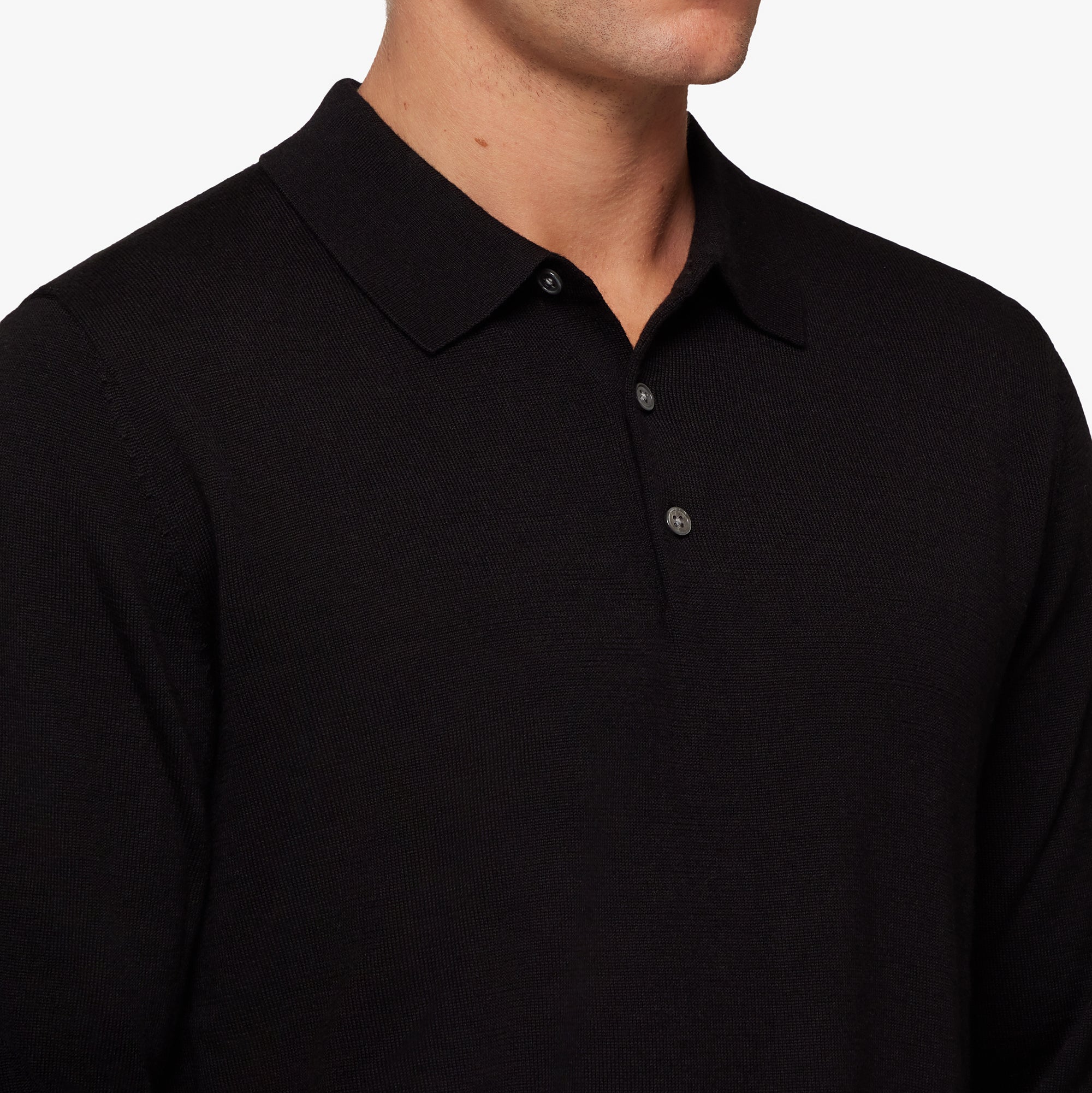 Merino Wool Silk Button Polo Black Mens