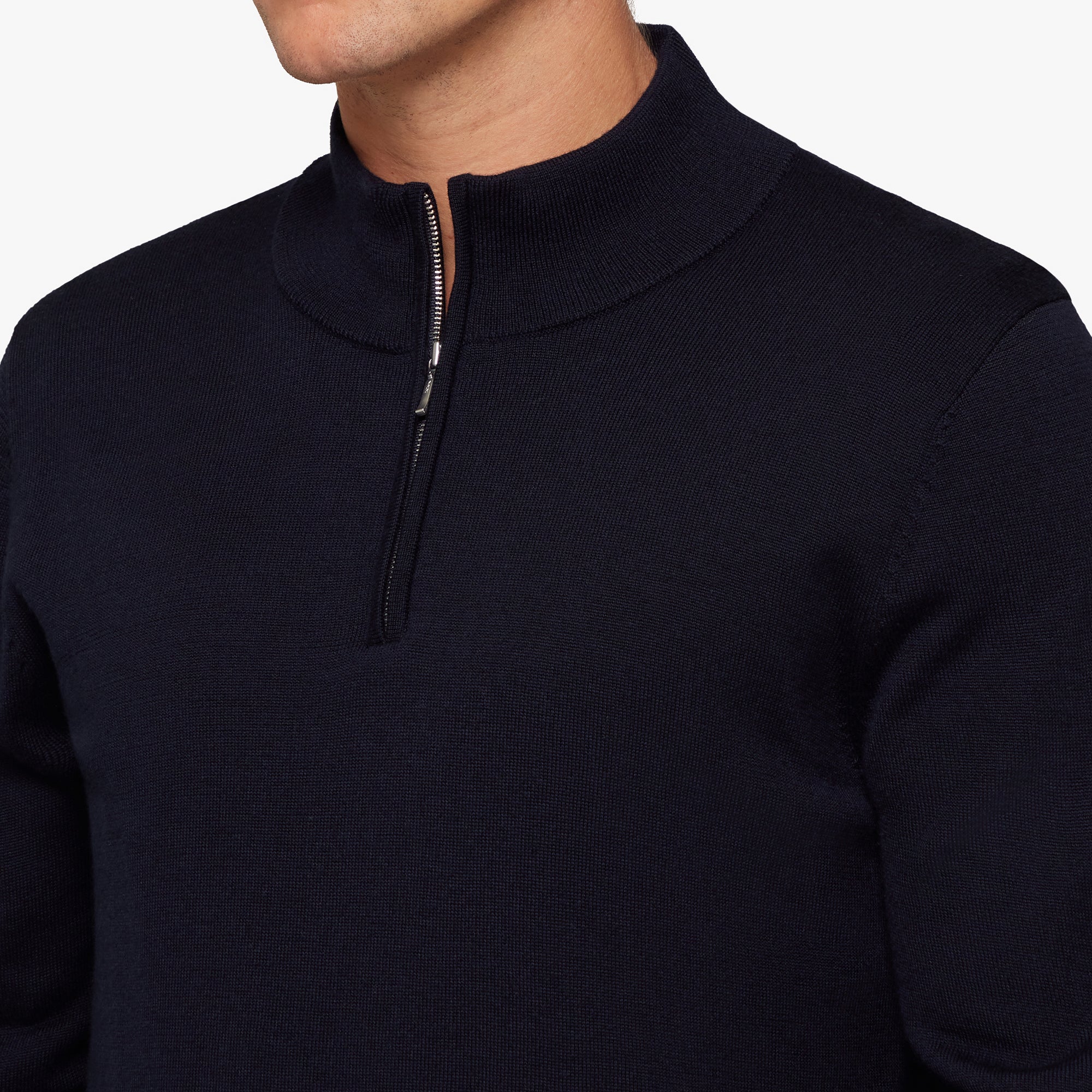 Navy blue long-sleeve shirt with a quarter zip on a white background