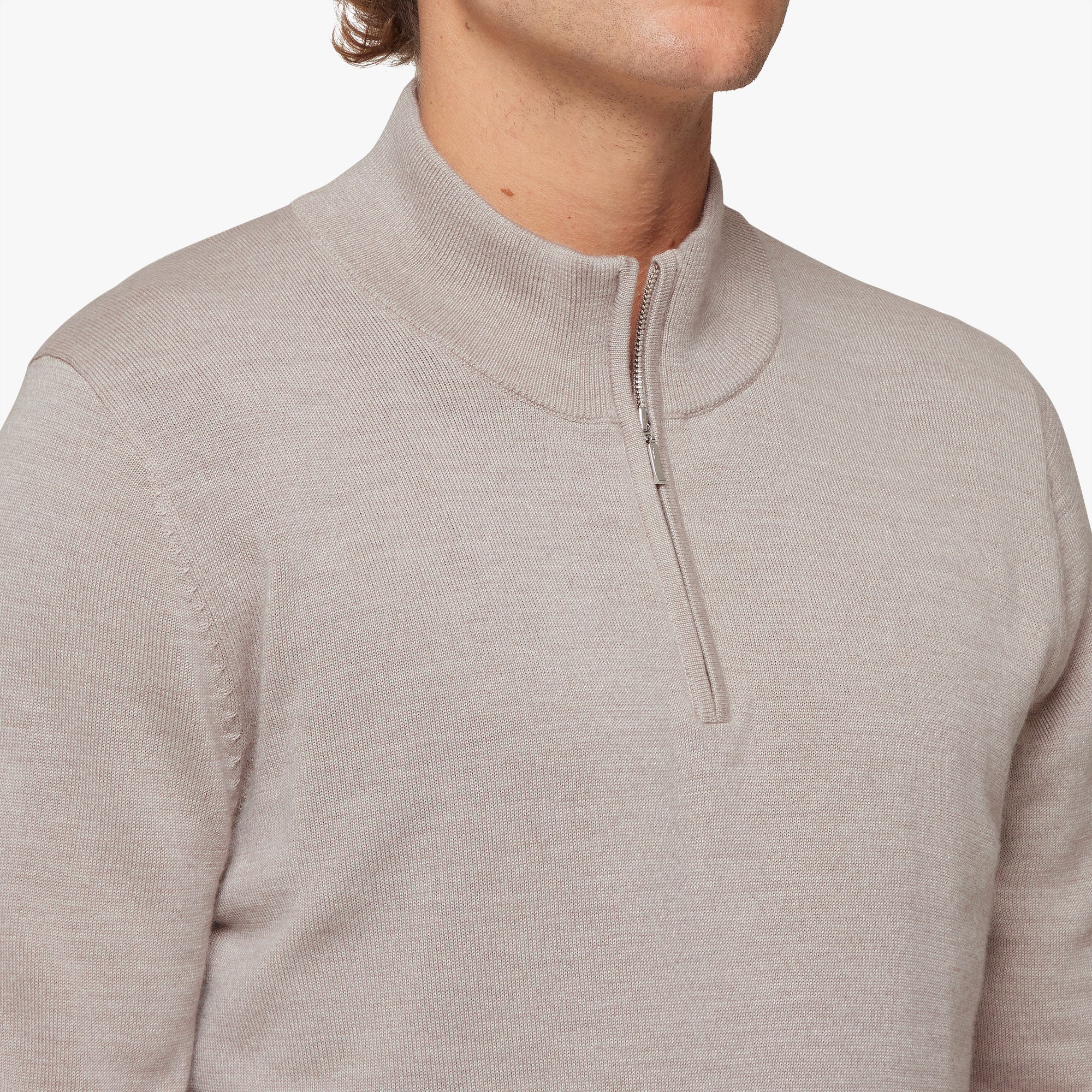 Merino Wool Silk Half Zip Oatmeal Melange Mens