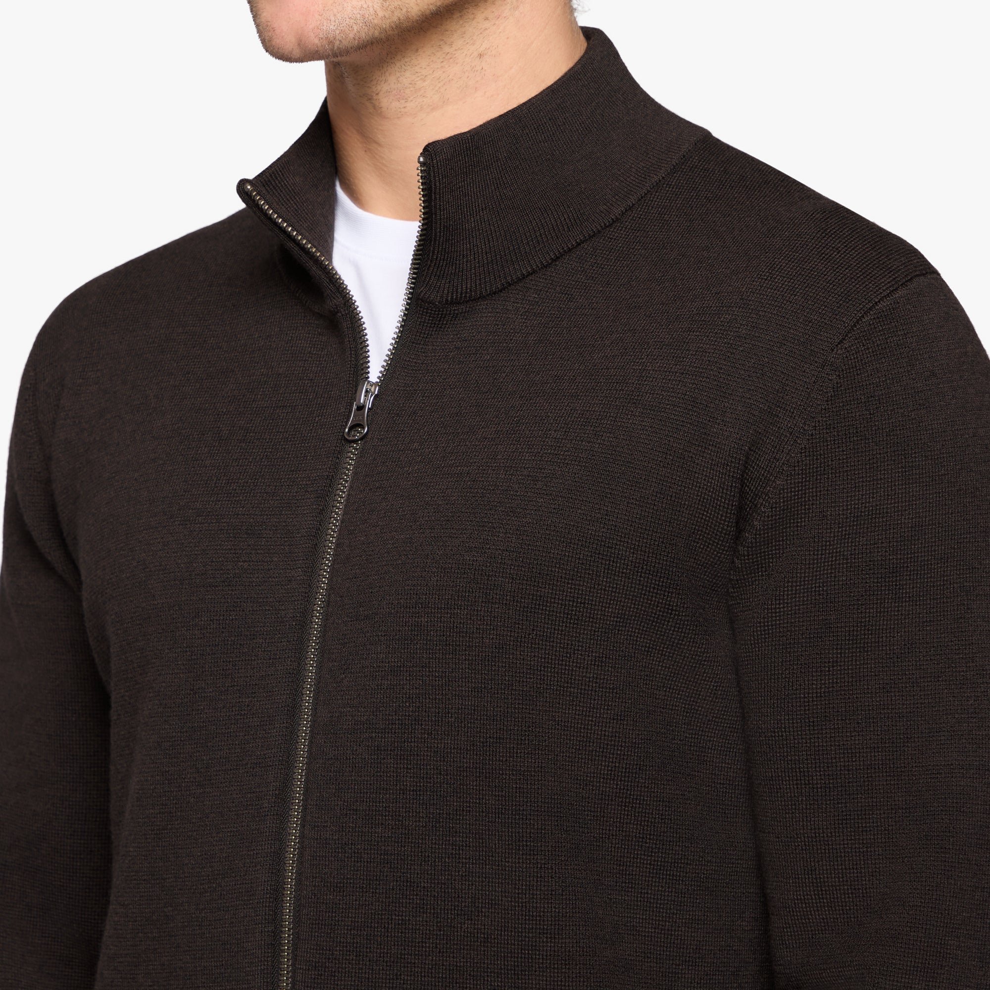 Merino Wool Full Zip Cardigan Espresso Mens
