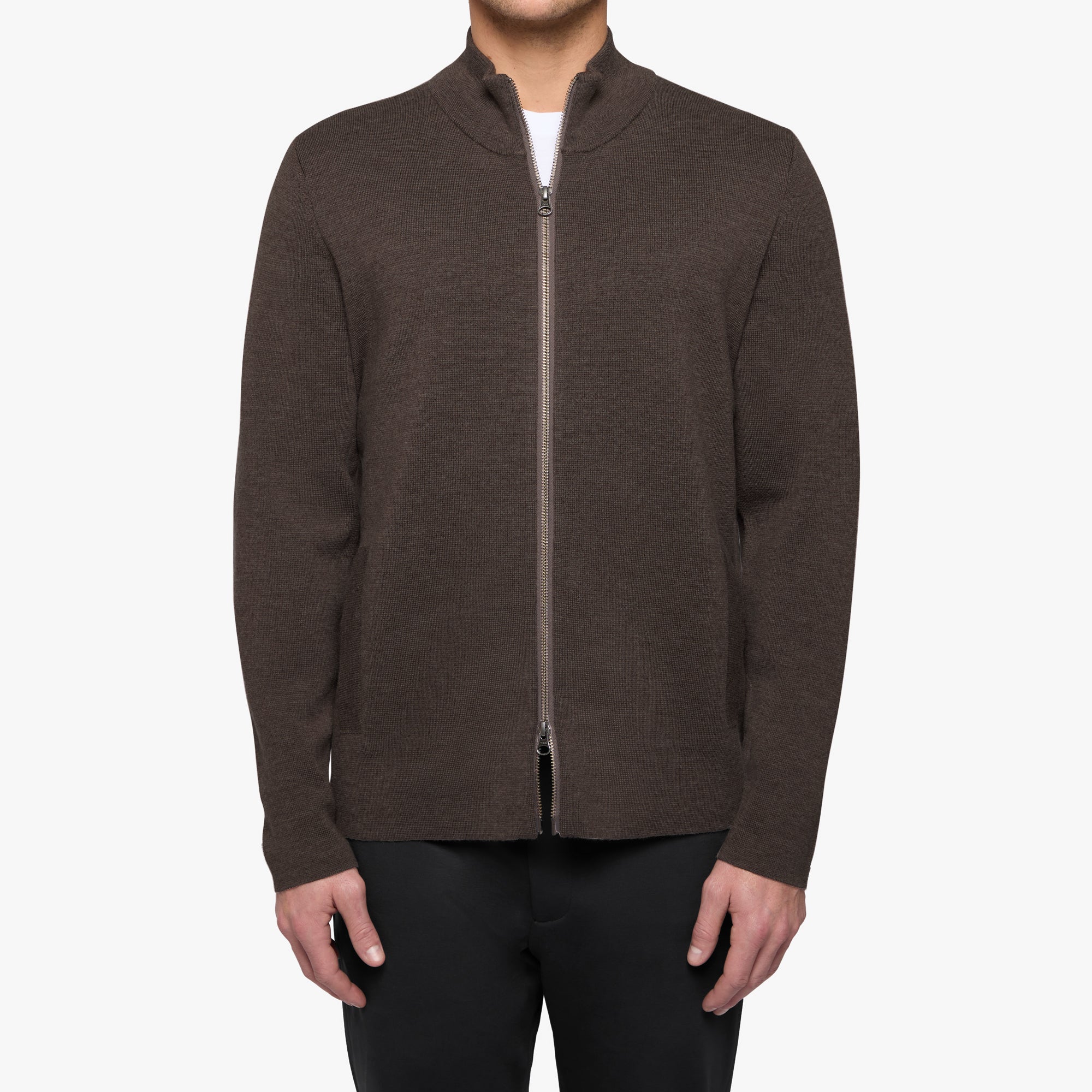 Merino Wool Full Zip Cardigan Mocha Mens