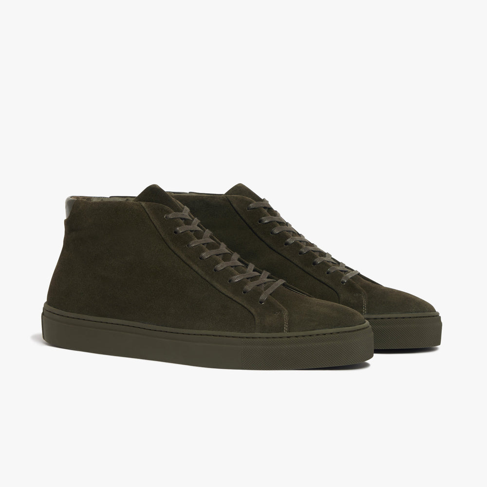 Uniform Standard Men's Series 4 mid top minimalist suede sneaker in Green handcrafted in Portugal