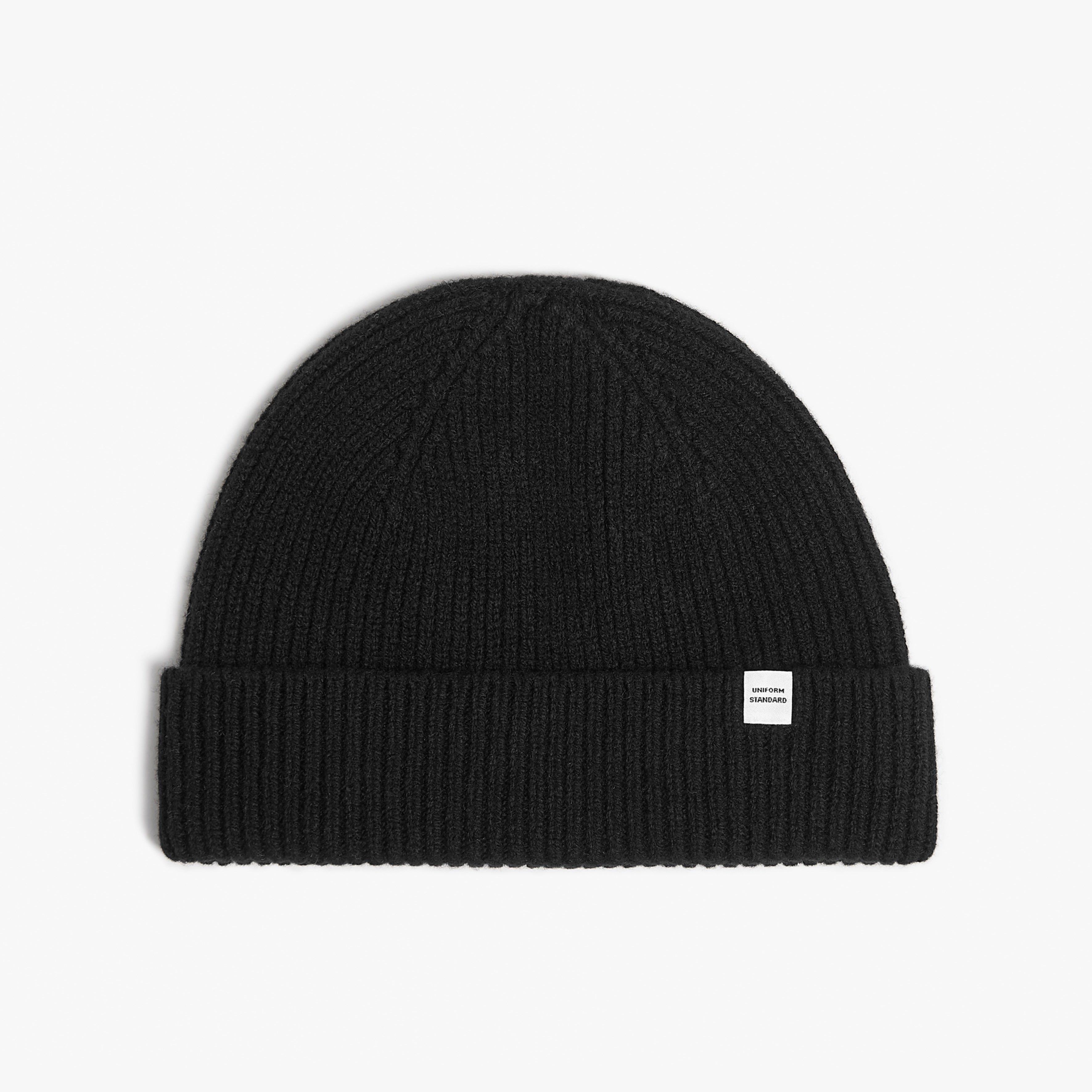 Merino Wool Rib Short Beanie Black