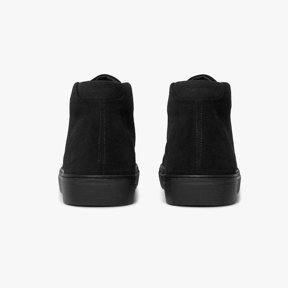 Uniform Standard Men's Series 4 mid top minimalist suede sneaker in Black handcrafted in Portugal