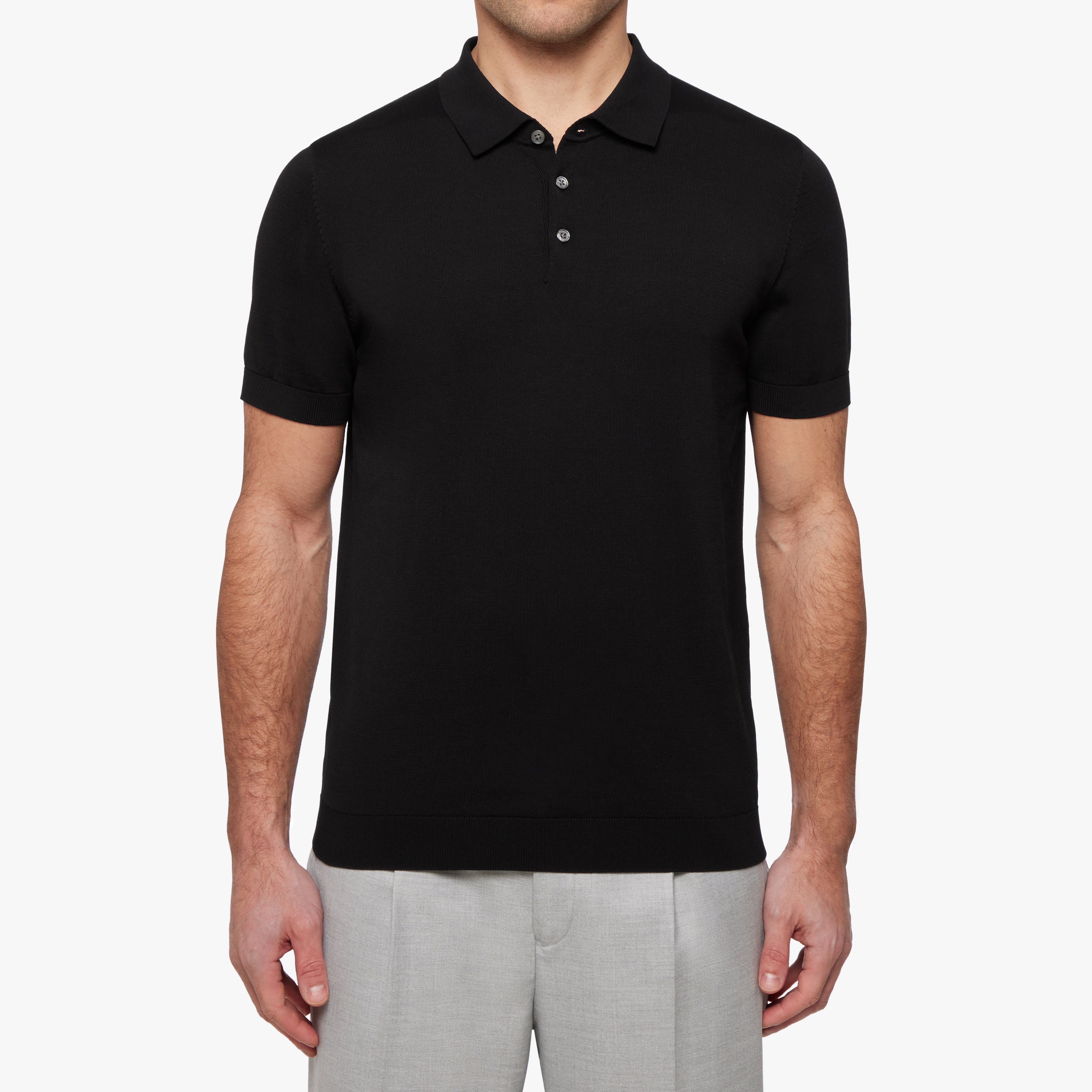 Cotton Silk Button Polo Black Mens