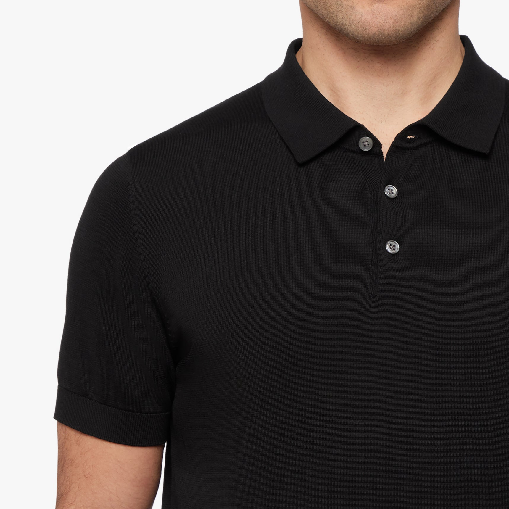 Cotton Silk Button Polo Black Mens