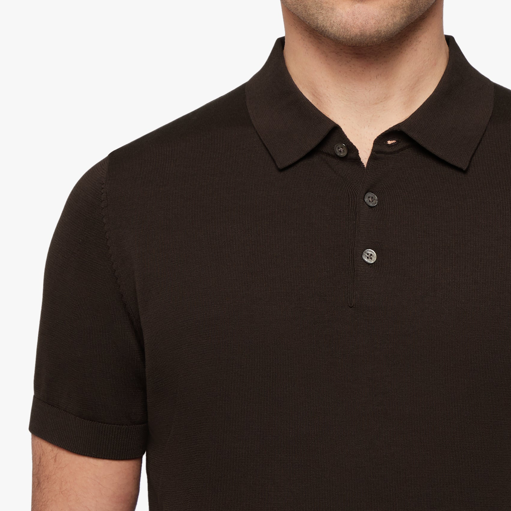 Cotton Silk Button Polo Espresso Mens