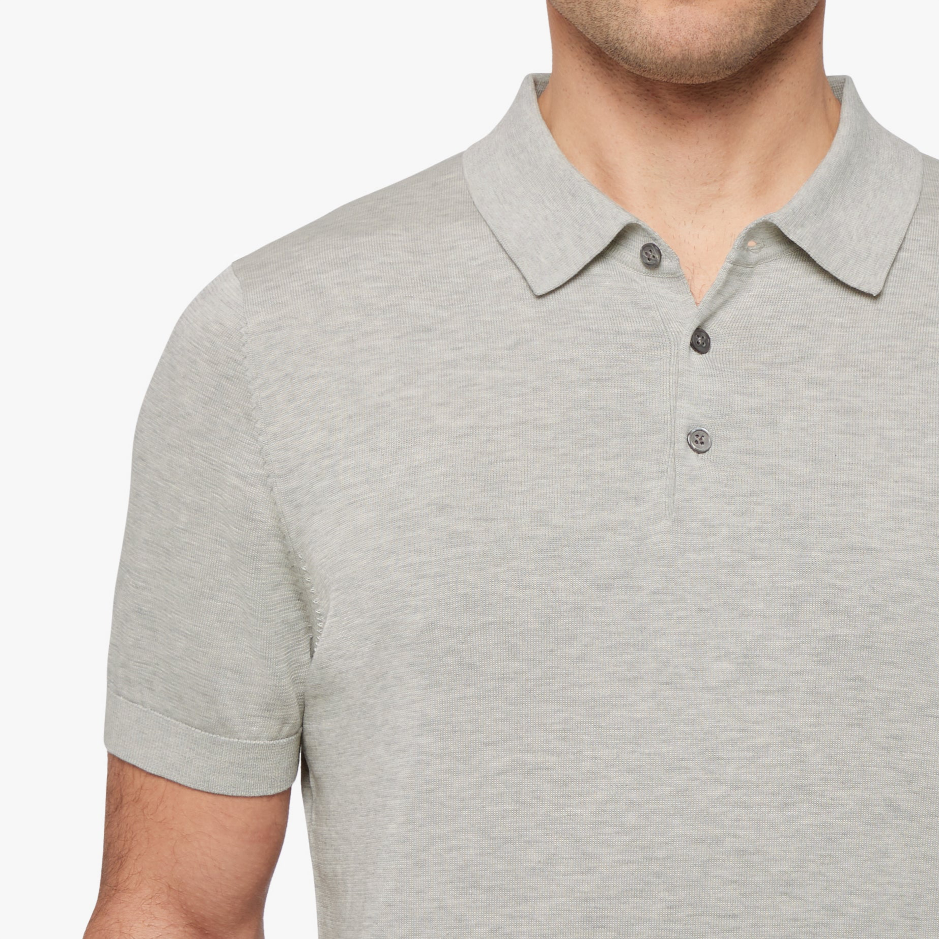 Cotton Silk Button Polo Grey Melange Mens