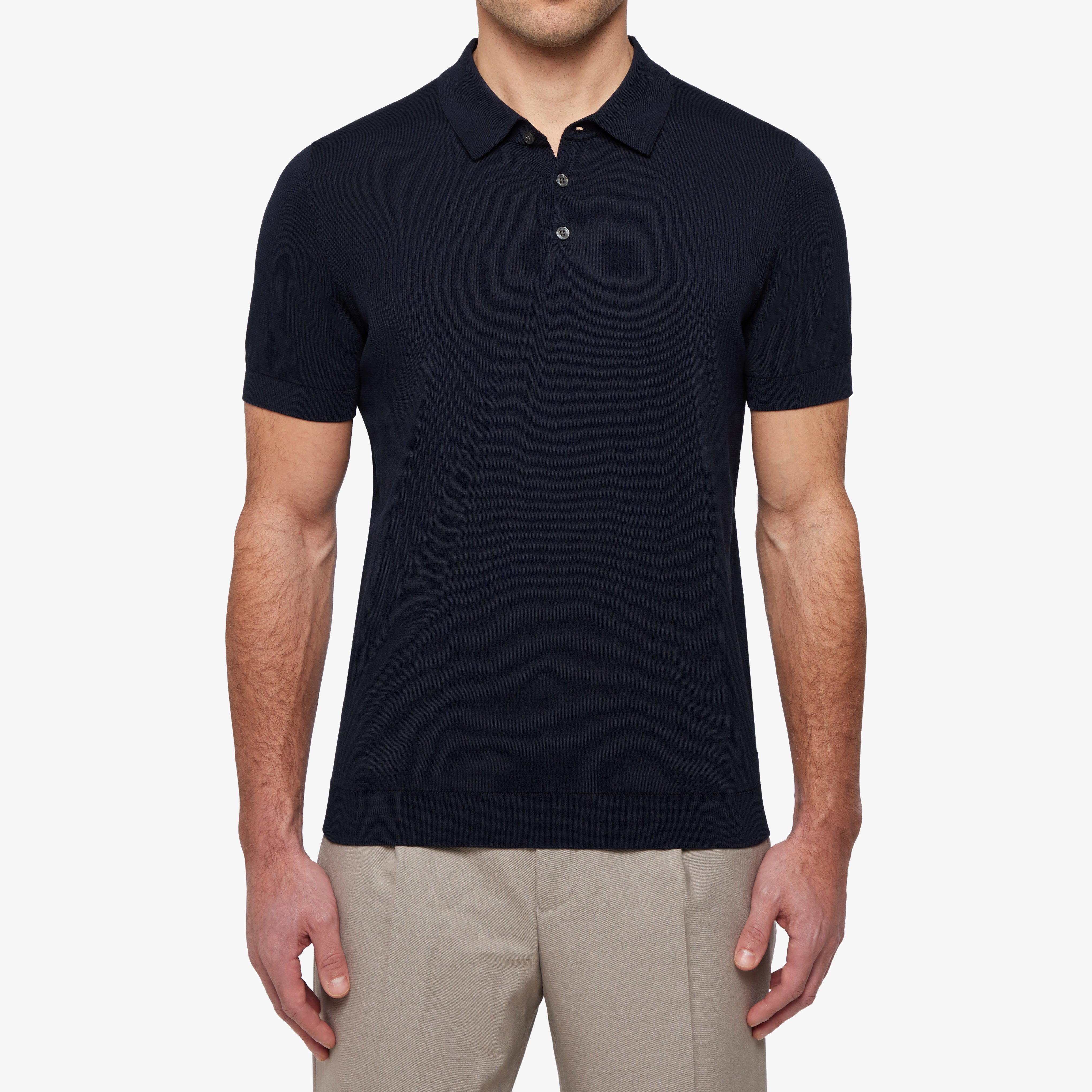 Cotton Silk Button Polo Navy Mens