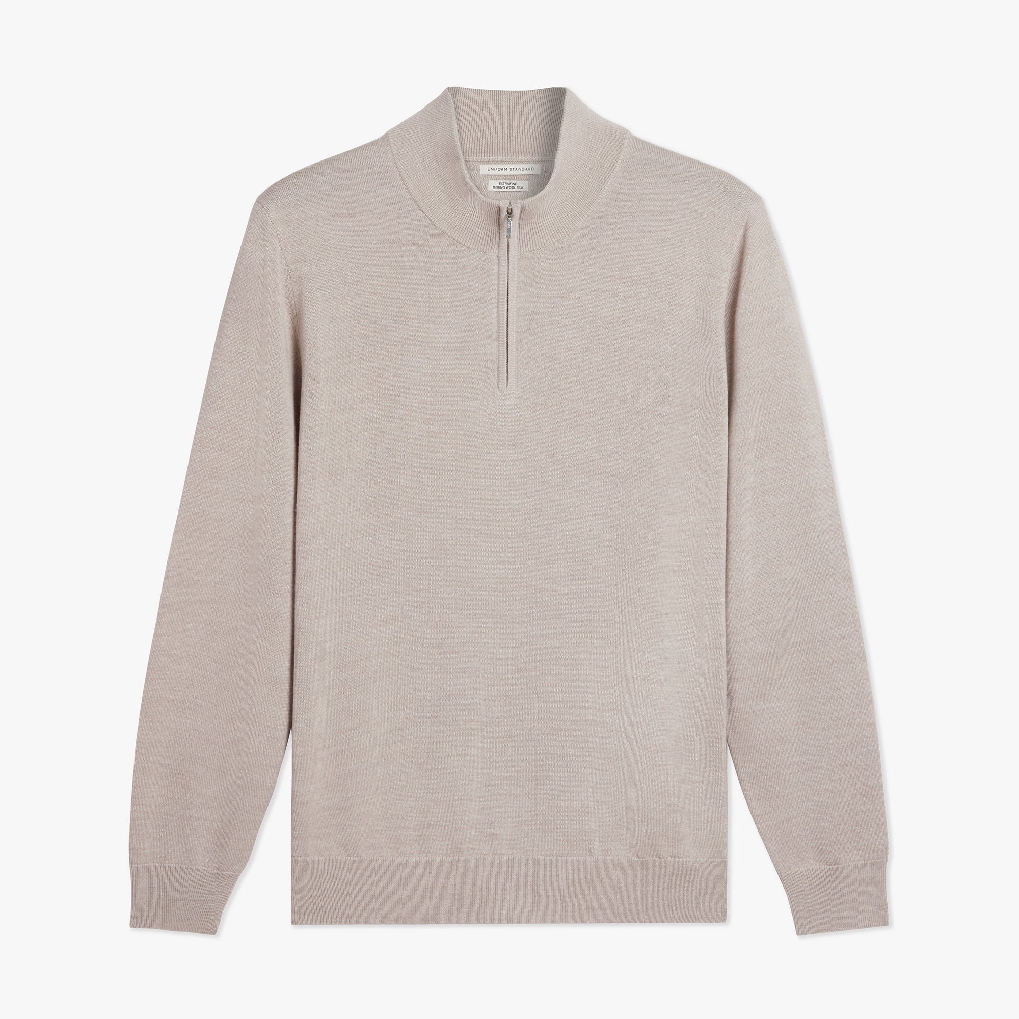 Merino Wool Silk Half Zip Oatmeal Melange Mens
