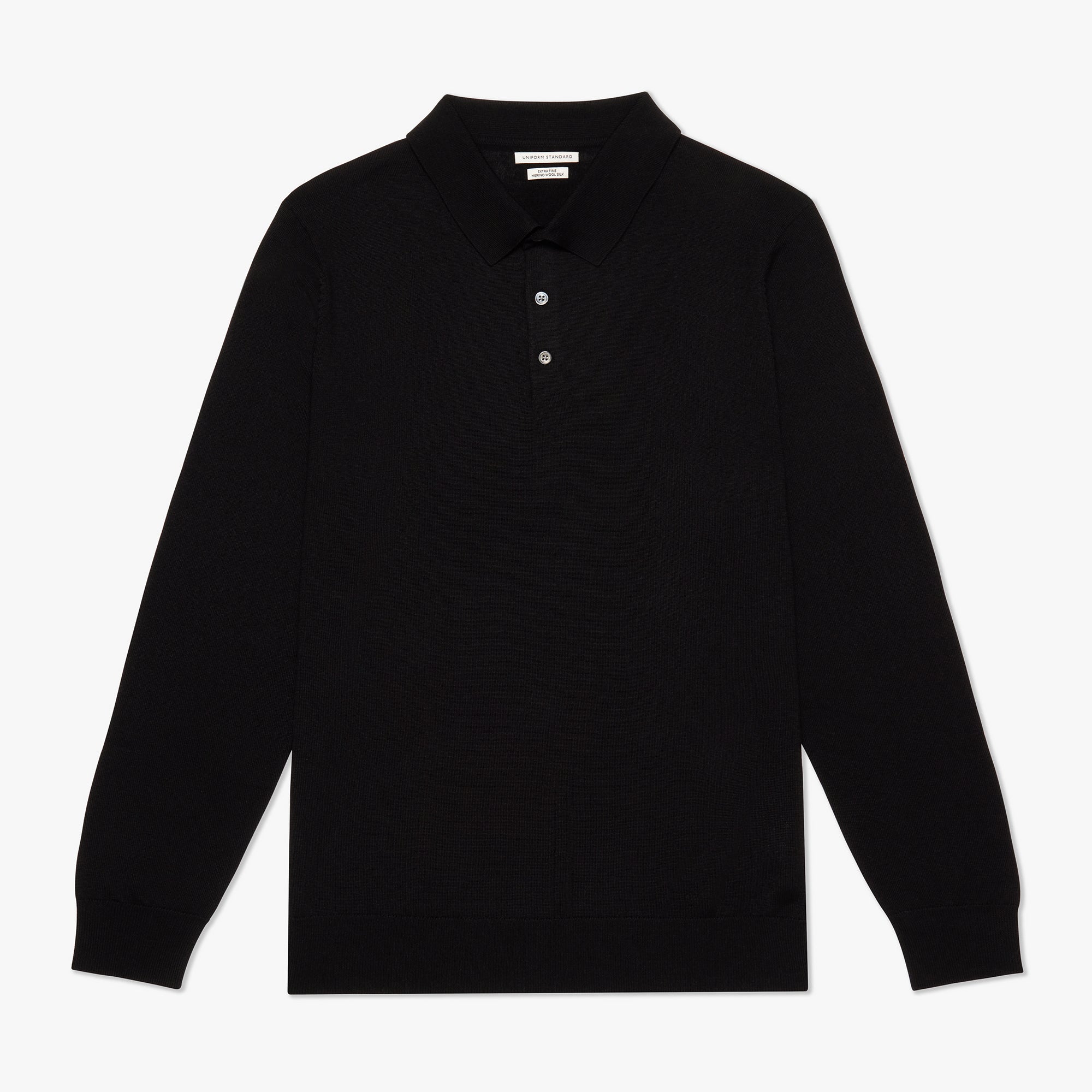 Merino Wool Silk Button Polo Black Mens