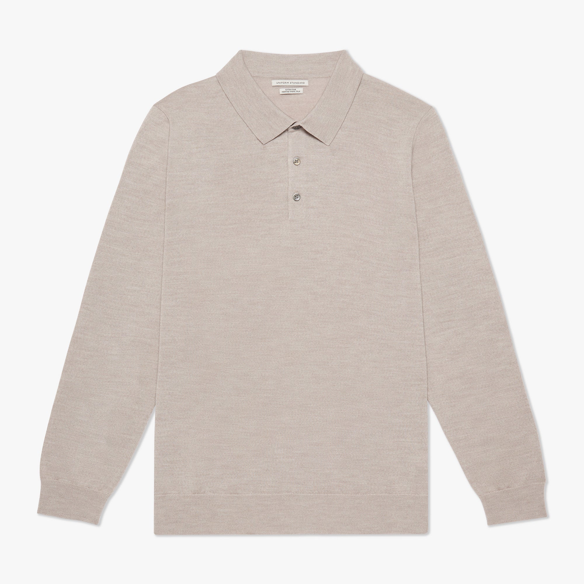 Merino Wool Silk Button Polo Oatmeal Melange Mens