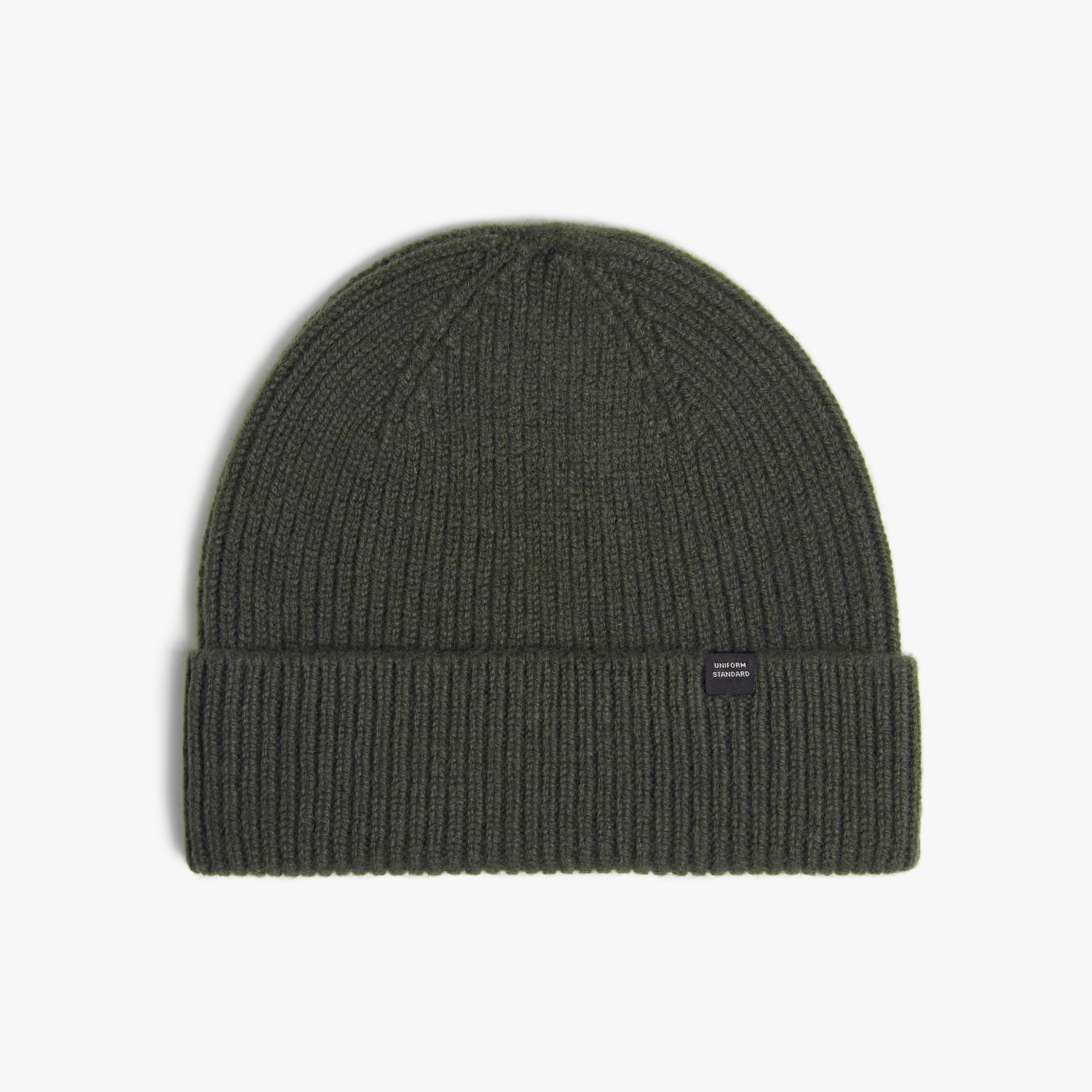 Dark gray knit beanie with a brand logo on a light gray background