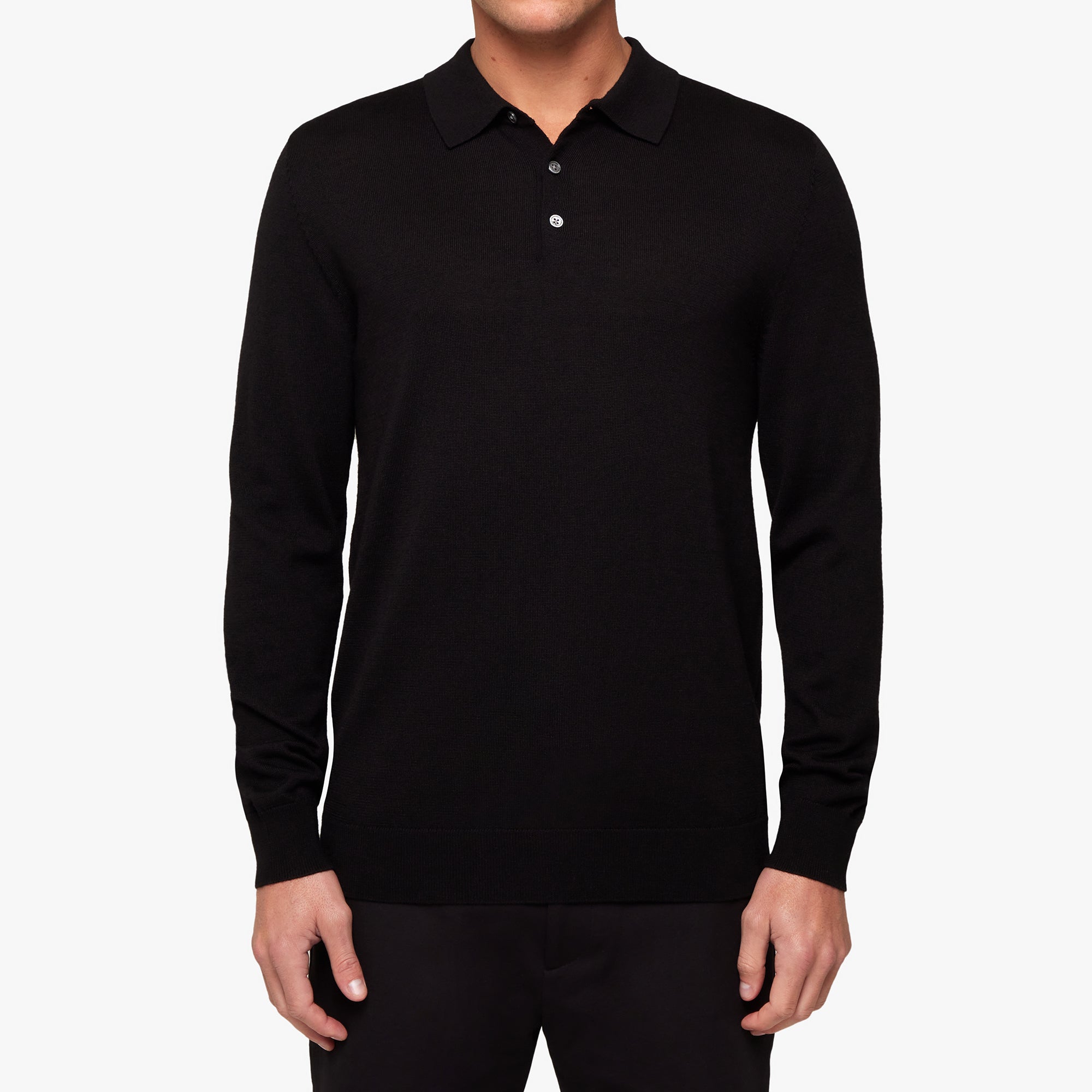 Merino Wool Silk Button Polo Black Mens