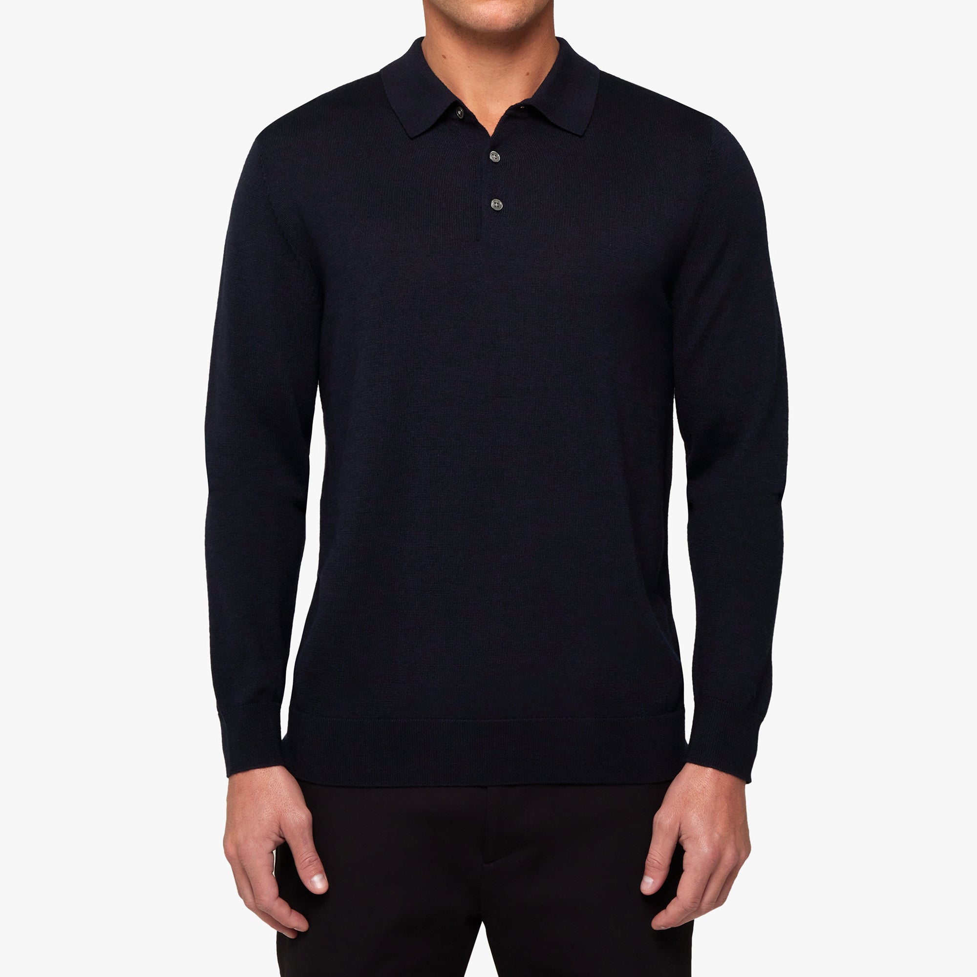 Merino Wool Silk Button Polo Navy Mens