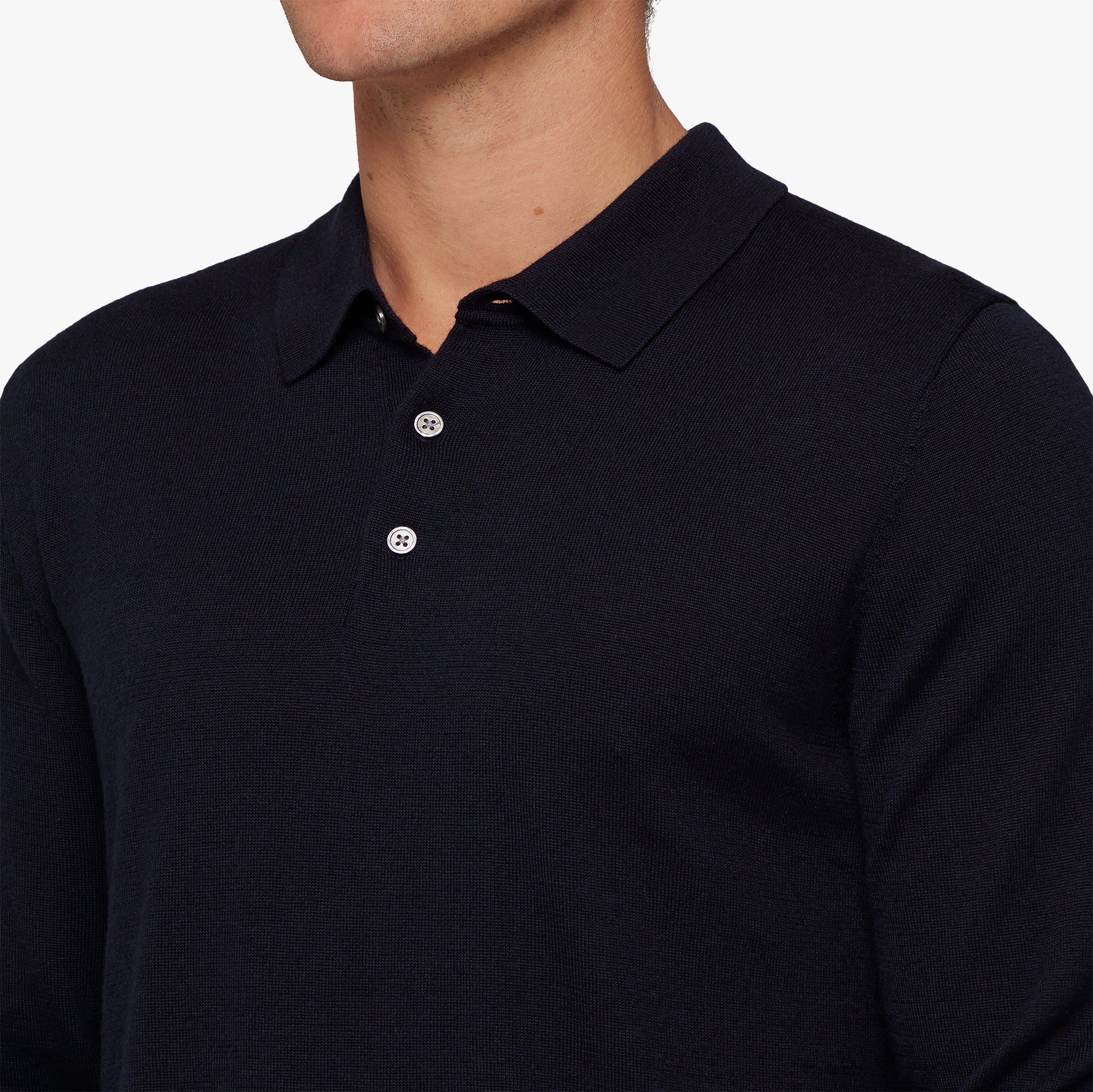 Merino Wool Silk Button Polo Navy Mens