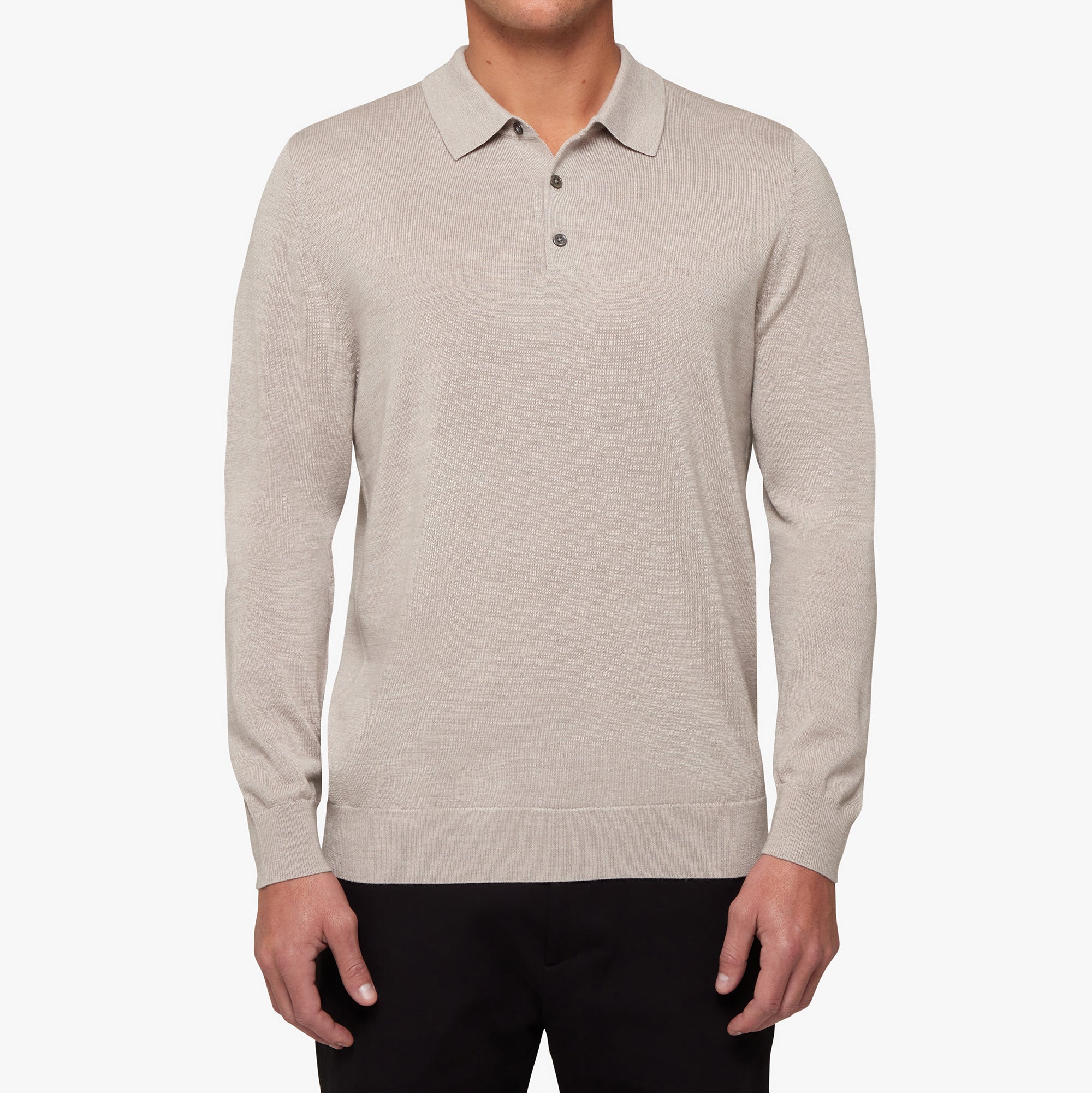 Merino Wool Silk Button Polo Oatmeal Melange Mens