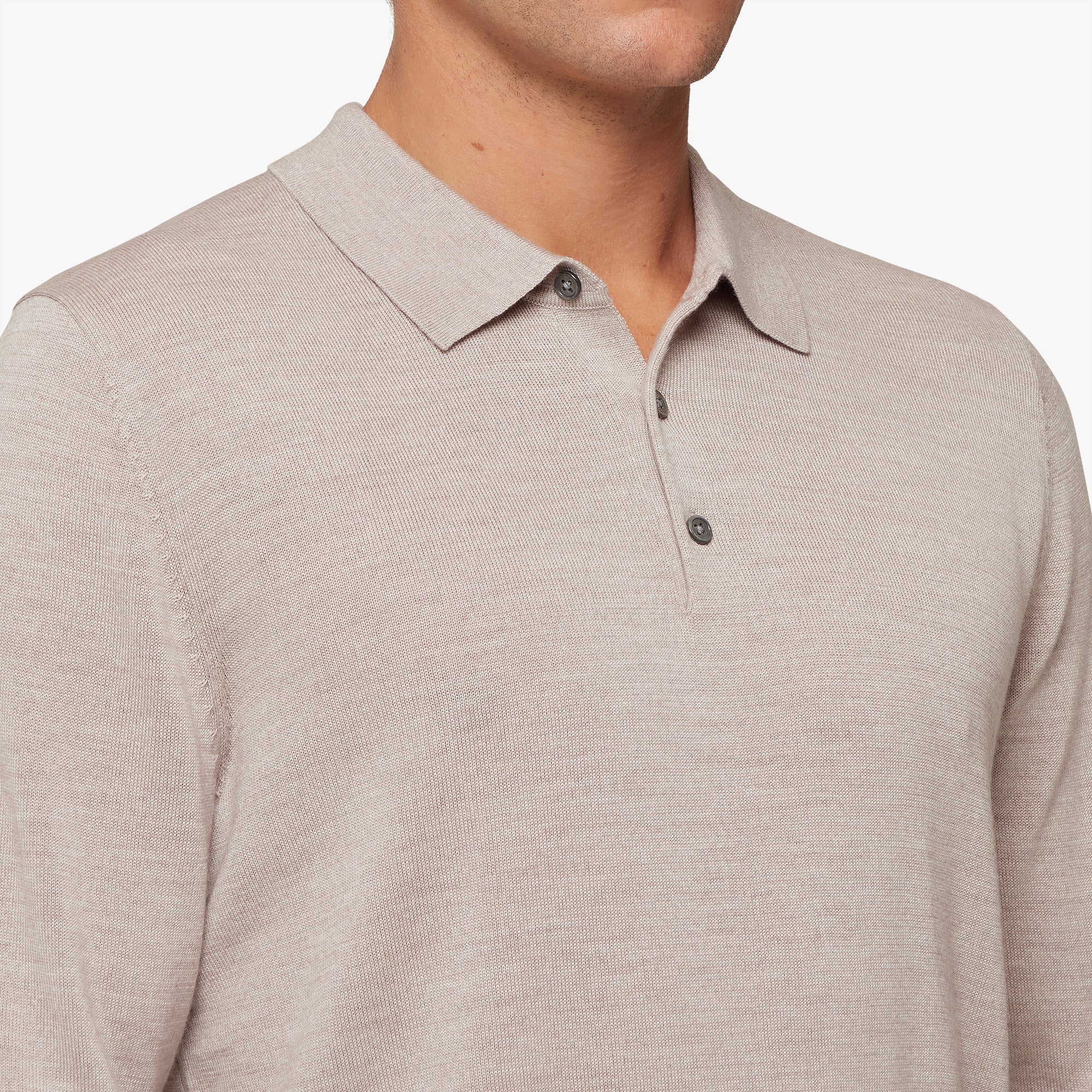 Merino Wool Silk Button Polo Oatmeal Melange Mens