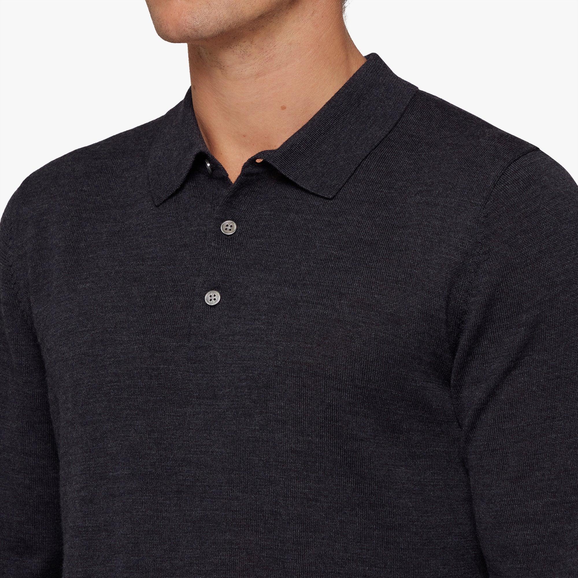 Merino Wool Silk Button Polo Shadow Melange Mens