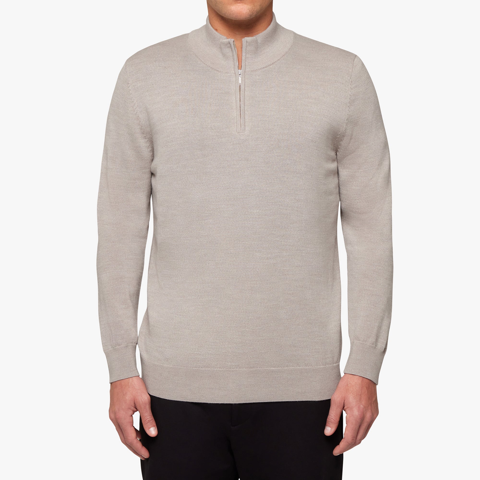 Merino Wool Silk Half Zip Oatmeal Melange Mens