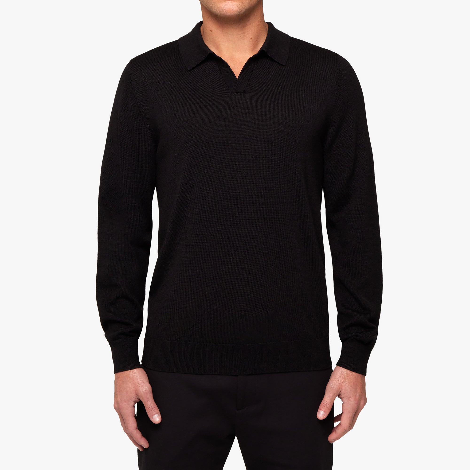 Black long-sleeve polo shirt worn by a person on a white background