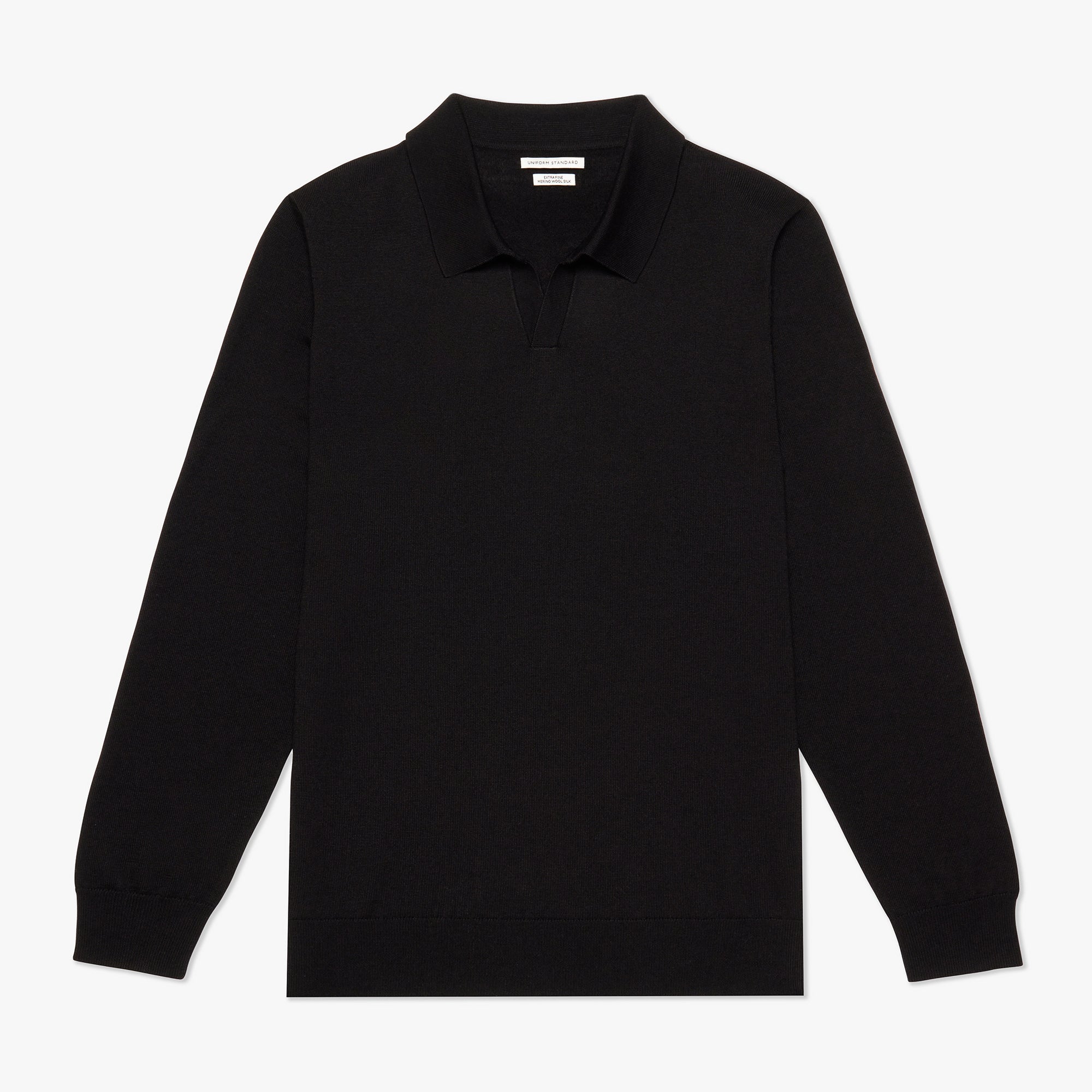 Black long-sleeve polo shirt on a white background