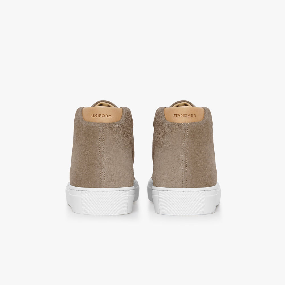 Uniform Standard Women's Series 4 mid top minimalist suede sneaker in Beige handcrafted in Portugal