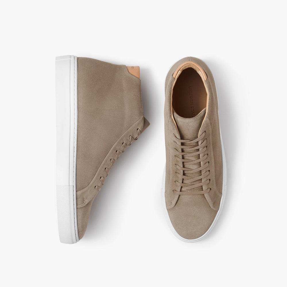 Uniform Standard Women's Series 4 mid top minimalist suede sneaker in Beige handcrafted in Portugal