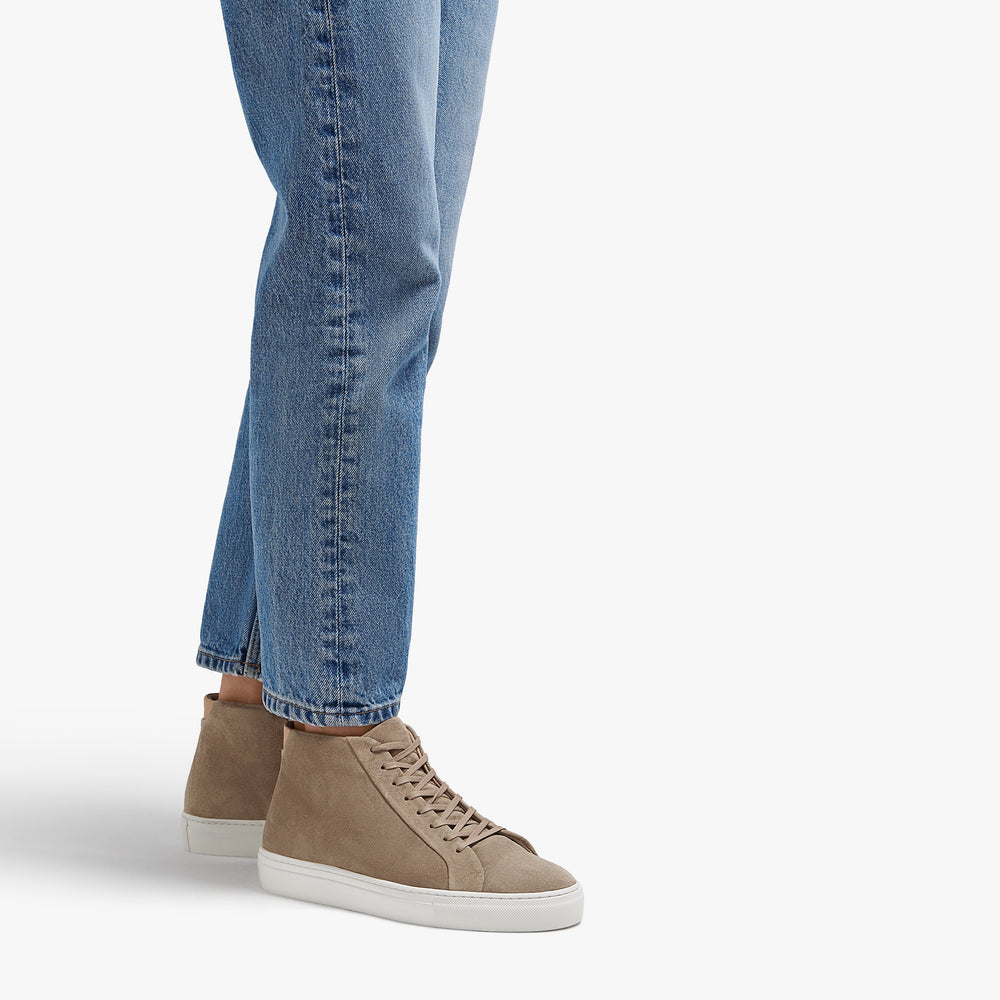 Uniform Standard Women's Series 4 mid top minimalist suede sneaker in Beige handcrafted in Portugal